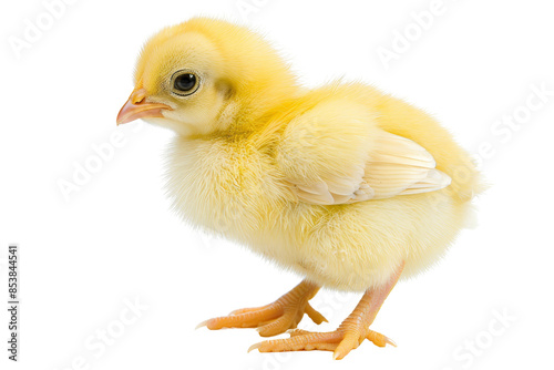 Cute yellow chick with fluffy feathers standing against a transparent background. Perfect for farm, baby bird, and nature themes.