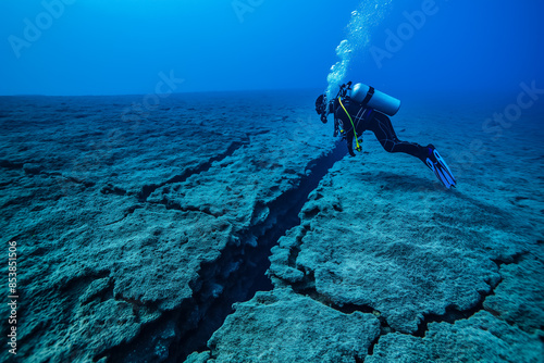 A clear underwater fault line with visible tectonic plates and a diver during seismic activity 