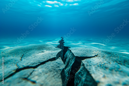 A dramatic underwater fault line with visible cracks and blue ocean water during an earthquake 