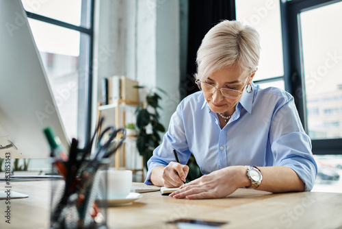 A middle aged businesswoman with short hair sitting at a desk, deeply focused on writing on a piece of paper in her office.