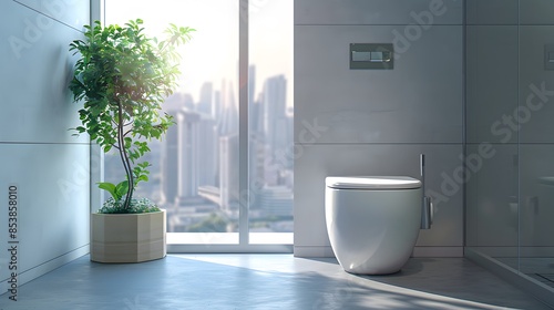 3d rendering of toilet in bathroom with window and city view. The scene is captured from the front, focusing on the white porcelain minimalist design toilet.