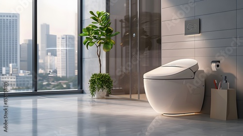 3d rendering of toilet in bathroom with window and city view. The scene is captured from the front, focusing on the white porcelain minimalist design toilet.