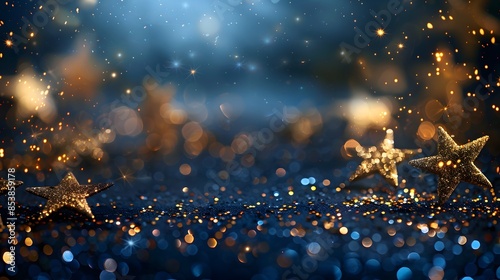 A background of golden stars on a dark blue with glitter and sparkle effects. atmosphere suitable for festive or special events like New Year's Eve, Christmas, Easter, wedding skies.