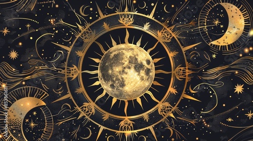 Poster of esoteric astrology with sun and moon golden celestial elements.