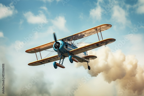 Vintage biplane performing aerobat in sky with clouds of smoke. Generative AI