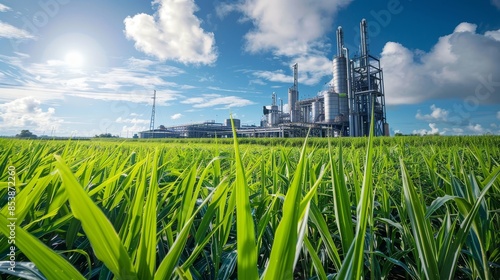 A modern sugarcane processing plant adjacent to vast green fields, highlighting the integration of agriculture and bioethanol production for renewable energy