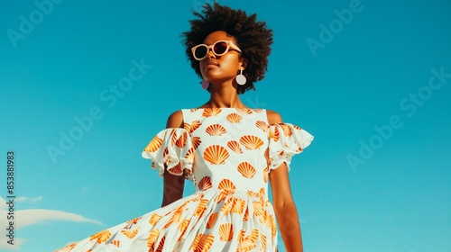 young black woman wearing sunglasses and a long summer dress with full skirt with line art shell print, sandy beach in the background