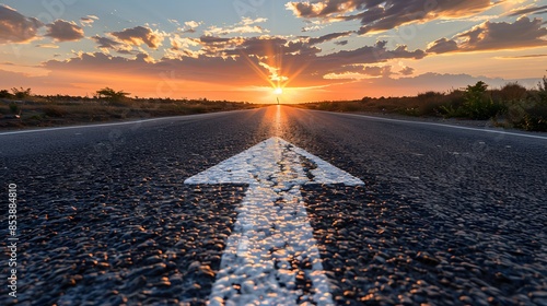 A straight road leading into the distance with an arrow pointing forward, symbolizing progress and future possibilities, set against a backdrop of sunset or sunrise sky.