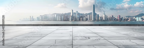 White stone floor with a city skyline in the background, using a wide angle lens for a panoramic view, in a minimalist style with simple lines, with high resolution, high quality, high details, and hi