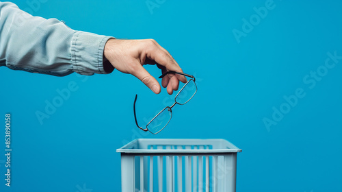 Laser correction, Eye surgery. man's hand throws out his eyeglasses