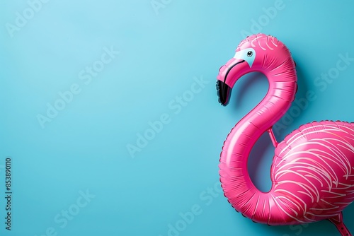 Inflatable flamingo on blue background with space