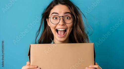 young woman making an exaggerated joyful expression while holding a cardboard box in a blue studio