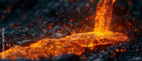 Detailed view of hot molten metal flowing from a pipe, bright orange glow and sparks, closeup shot in a foundry, industrial and intense, high detail 8K , high-resolution, ultra HD,up32K HD
