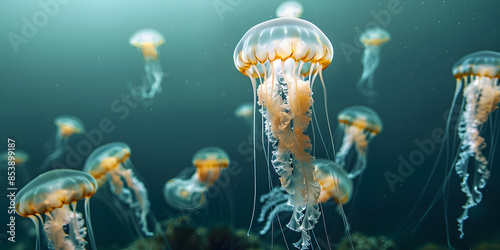 The jellyfish swimming underwater, clear ocean water seabed, copy space for text