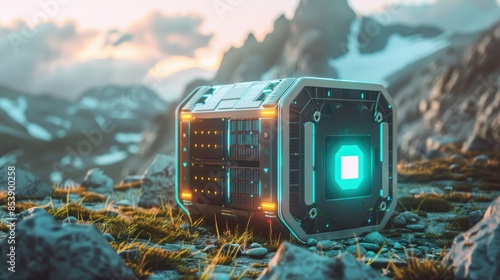 Futuristic technology box amidst a stunning mountain landscape, glowing with neon lights during a serene sunset.
