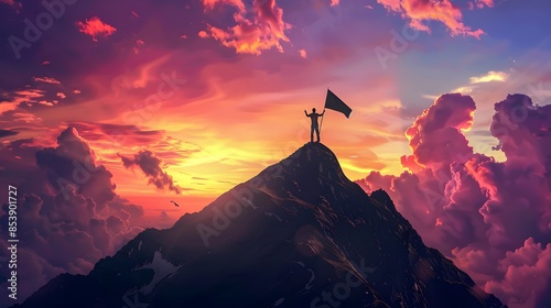 Businessman Conquering Mountain Peak with Triumphant Flag at Sunset