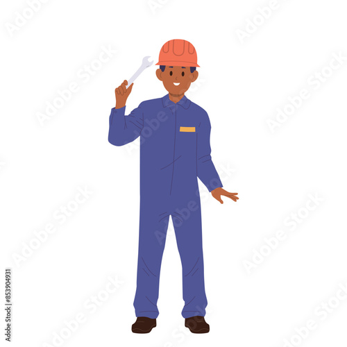 Cute boy child sailor ship mechanic isolated cartoon character wearing overalls holding wrench tool