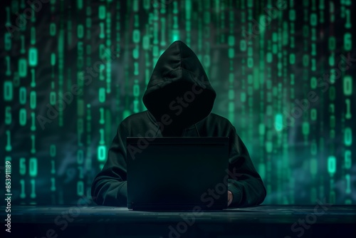 Hacker in Dark Hoodie Using Laptop