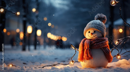 Winter holiday christmas background banner - Closeup of cute funny laughing snowman with wool hat and scarf, on snowy snow snowscape with bokeh lights, illuminated by the sun, Generative AI