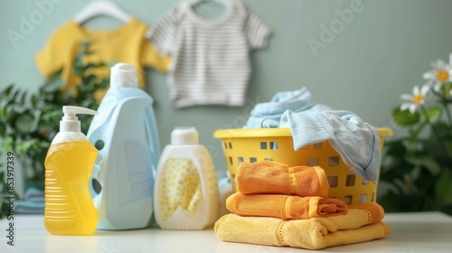 A neatly organized stack of towels with laundry detergent products and hanging baby clothes