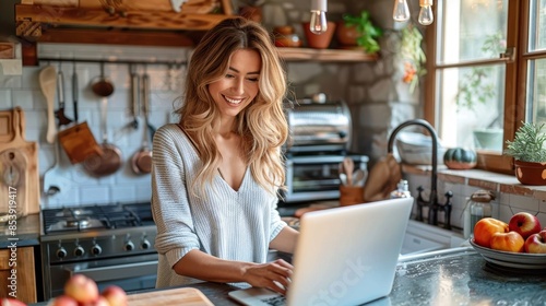 A joyful woman multitasking with a laptop in a beautifully lit kitchen, surrounded by houseware