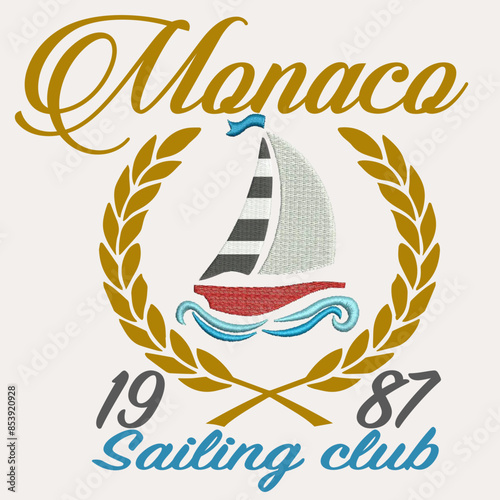 Monaco Yacht Luxe Boat club Graphic Tee Slogan vector Fashion t-shirt Trending emblem crest logo Apparel Badge Cute Tshirt artwork typography tote