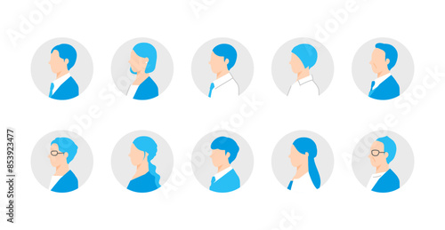 企業で働く様々な年代の男女の横顔アイコンセット。丸背景
