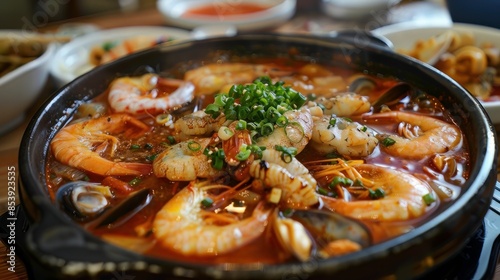 This hot dish includes various seafood in a thick, flavorful broth. It is perfect for a cold evening