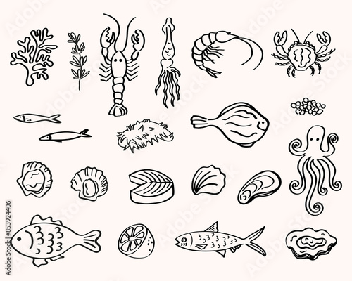 Seafood set hand drawn vector illustration. Ink sketch isolated on white background. Doodle with scallop, lobster, dorado, salmon, sardine, oyster, caviar, shrimp, crayfish, squid, mackerel, seaweed