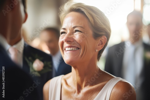  Close-up portrait of a middle-aged mother, smiling through tears at her child's wedding in the blurred background