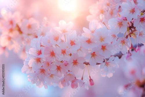The image shows a close-up of a branch of cherry blossoms.