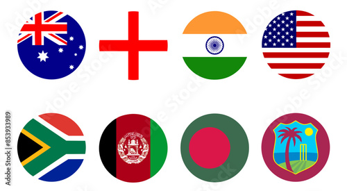ICC Men's T20 world cup cricket 2024 participating teams flag circle icons. countries qualified for Super Eight