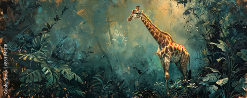 A classic painting of a graceful giraffe reaching for leaves high up in a lush jungle.