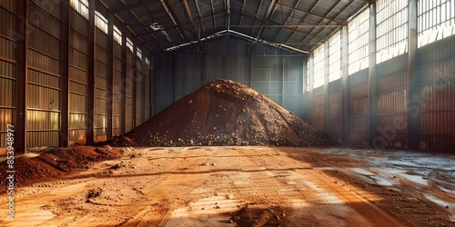 A massive heap of bright red dirt fills a warehouse from mining. Concept Mining spoil heaps, Warehouse filled with dirt, Bright red soil mound, Industrial extraction, Earthy tones