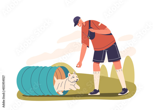 Owner Training A Dog In An Outdoor Yard. Cartoon Vector Illustration Features A Dog Running Through An Agility Tunnel