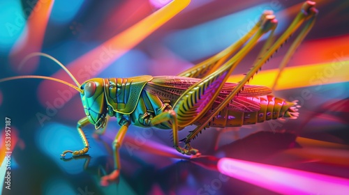 Macro shot of a colorful grasshopper surrounded by neon lights, creating a futuristic and vibrant composition. 