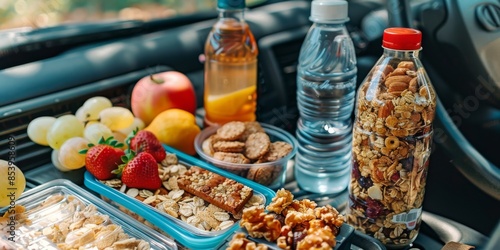 A variety of road trip snacks spread out on a car dashboard, including granola bars, fruit, trail mix, and bottled drinks