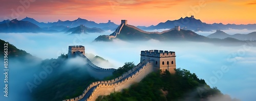 great wall of china at dawn in the foggy mountains