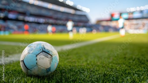 vue au ras de la pelouse d'un stade de football avec ligne de touche et ballon