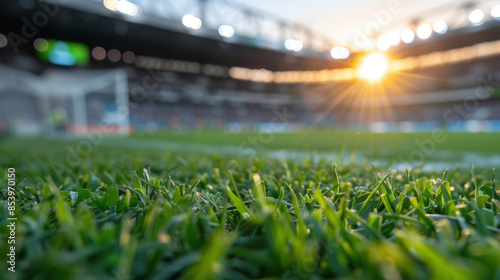 vue au ras de la pelouse d'un stade de football avec ligne de touche et ballon