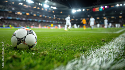 vue au ras de la pelouse d'un stade de football avec ligne de touche et ballon