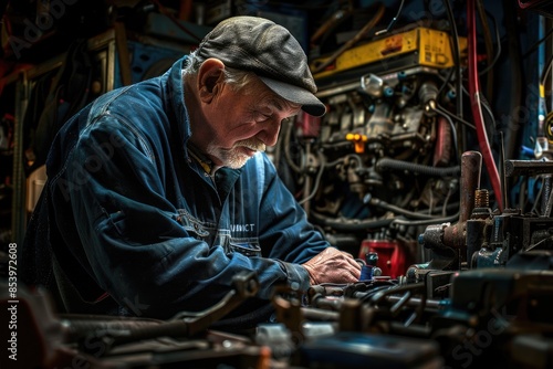 A focused craftsman meticulously working at his bench in a tool-filled workshop, captured in a warm light. AIG58
