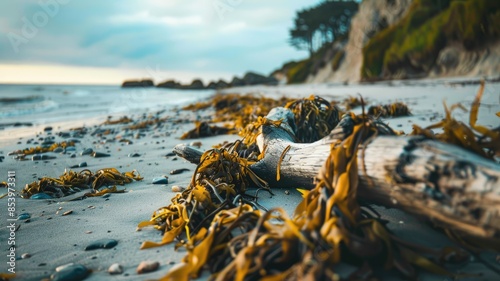 Driftwood and seaweed strewn across beach at sunset