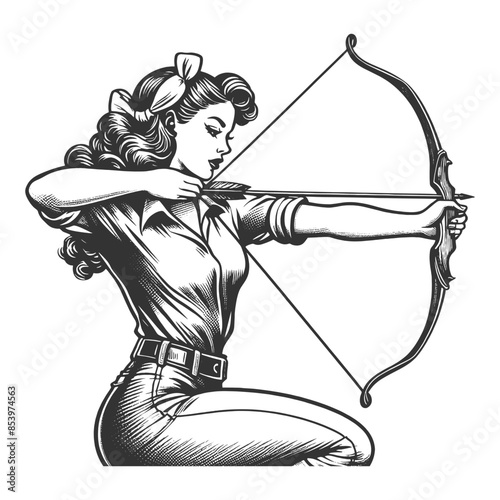 vintage-style woman drawing a bow, showcasing strength and precision sketch engraving generative ai fictional character vector illustration. Scratch board imitation. Black and white image.