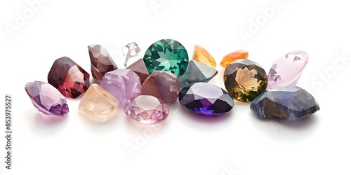 Fantasy colored gemstones in various cuts and styles isolated on white. Concept Fantasy Gemstones, Colored Cut Stones, Isolated White Background