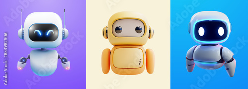 Cute 3D Robots Set Against Colorful Backgrounds for Technology Themes. A set of three adorable 3D robots, each with a unique design and personality, displayed against vibrant backgrounds. Vector