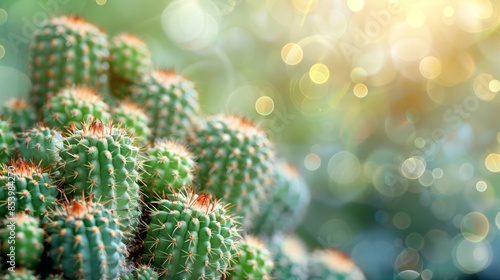 A close-up image of a group of green cactus plants with a blurred background of golden sunlight.