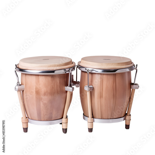 Pair of wooden bongo drums with metal accents, perfect for creating rhythmic percussion in music and adding a touch of culture to your space.