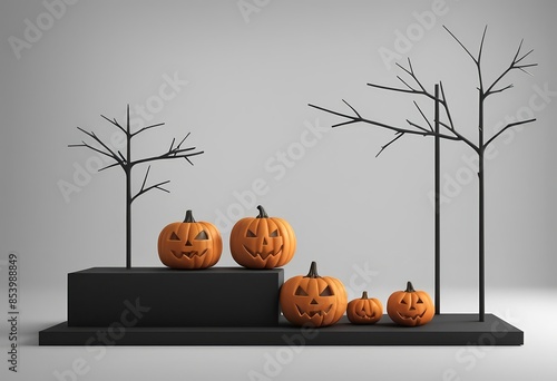 The image features a modern, minimalist arrangement decorated for Halloween. Orange and white pumpkins of various sizes are placed on white geometric pedestals against a grey background