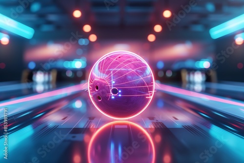 Neon-lit bowling ball on an illuminated lane in a modern bowling alley. Vivid colors and futuristic design create a vibrant atmosphere.